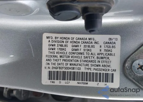 2013 Honda Civic Lx z USA, uszkodzony, nr VIN 2HGFB2F50DH581103